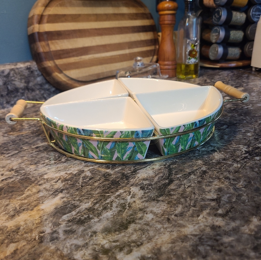 Sectional Dip Bowl Server in Wire Holder Foresty Leafy Pink